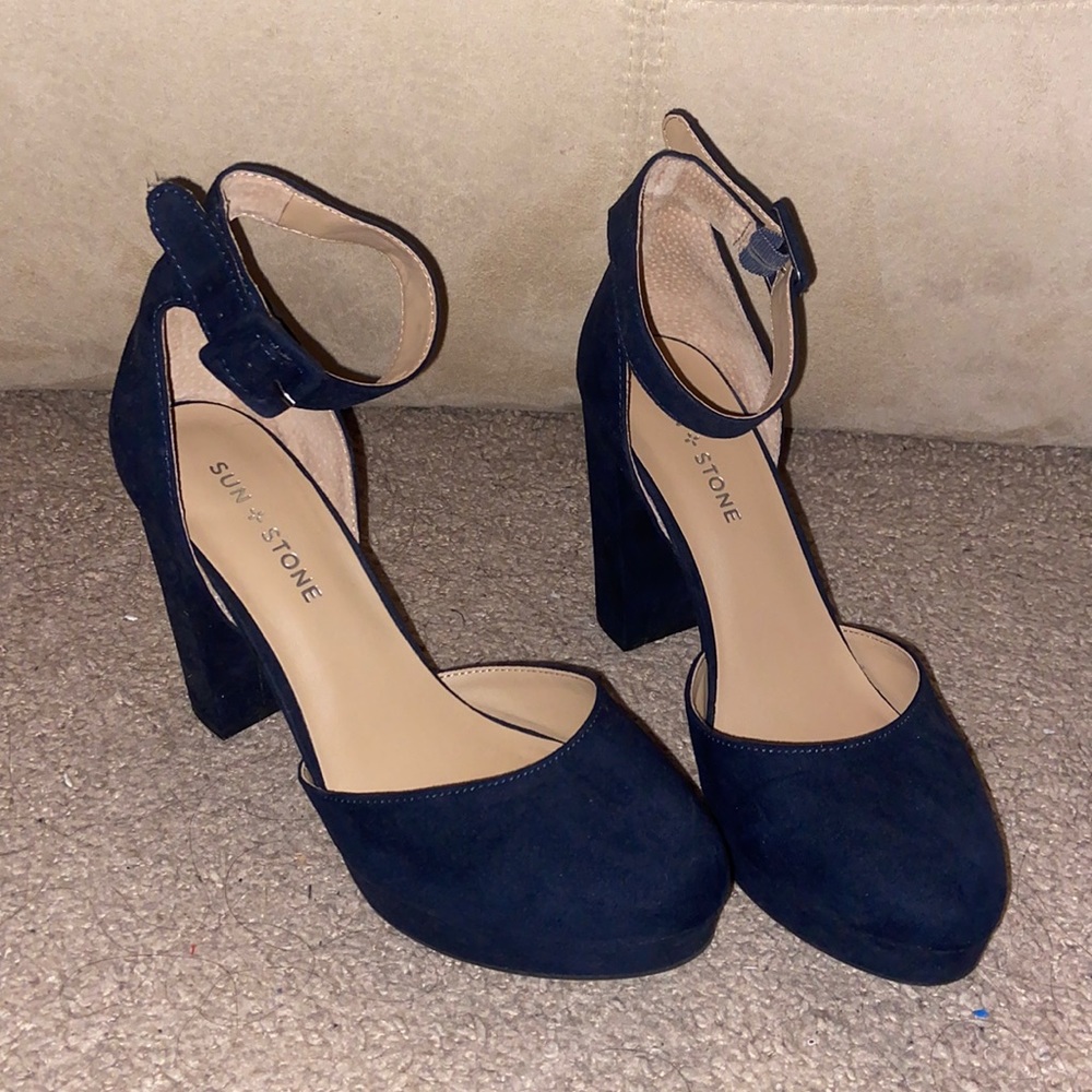 Sun and Stone Navy Block-Heel Pumps 8 Wide